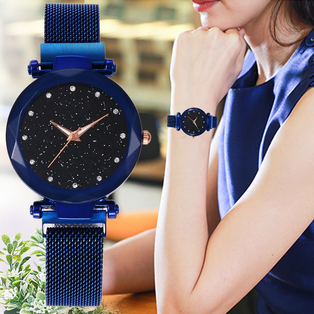 vansvar Quartz Stainless Steel Band Mesh Magnet Buckle Starry Sky Analog Wrist Watch relojes para hombre clock mechanism silent