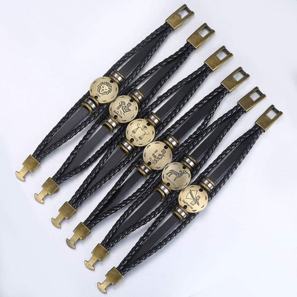 12 Zodiac Sign Horoscope Men's Leather Bracelet Vintage Retro Charm Wristband Male Jewelry Gifts for Men Leo Cancer Aries LBM136