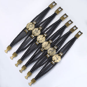 12 Zodiac Sign Horoscope Men's Leather Bracelet Vintage Retro Charm Wristband Male Jewelry Gifts for Men Leo Cancer Aries LBM136