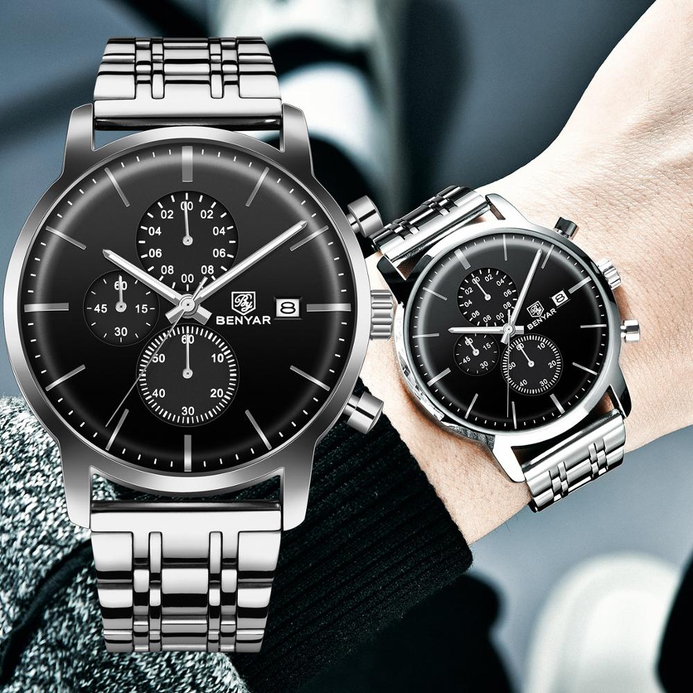 BENYAR Men Watch Stainless Steel Quartz Sport Watch Luxury Waterproof Male Chronograph Wrist Watch for Men Relogio Masculino