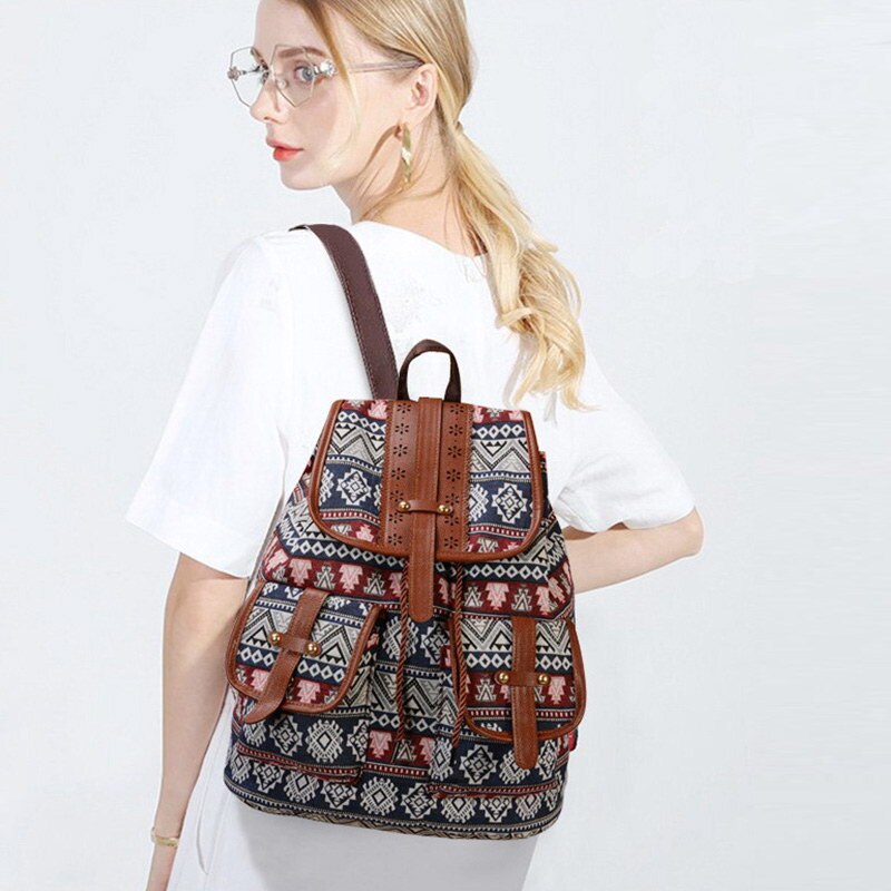 Vintage Women Girls School Bag Bohemian Drawstring Printing Designer Canvas Cloth Backpack Female Traveling Shoulder Bag