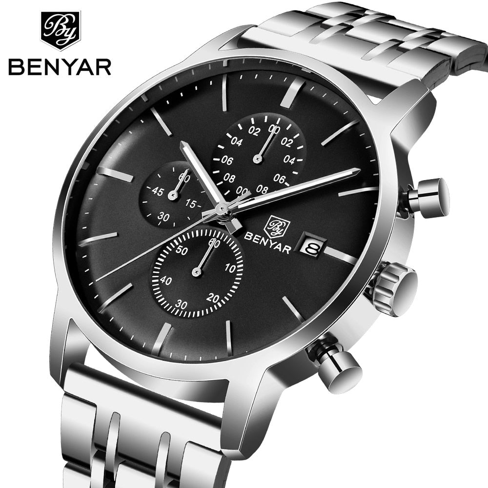 BENYAR Men Watch Stainless Steel Quartz Sport Watch Luxury Waterproof Male Chronograph Wrist Watch for Men Relogio Masculino