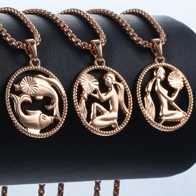 Zodiac Sign 12 Constellation Pendant Necklace for Women Men 585 Rose Gold Womens Necklace Mens Chain Gift Fashion Jewelry GPM21