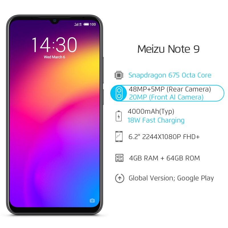 Global Version Meizu Note 9 4GB 64GB Smartphone Snapdragon 675 Octa Core Note9 48MP Dual Camera AI Front 20MP 4000mAh