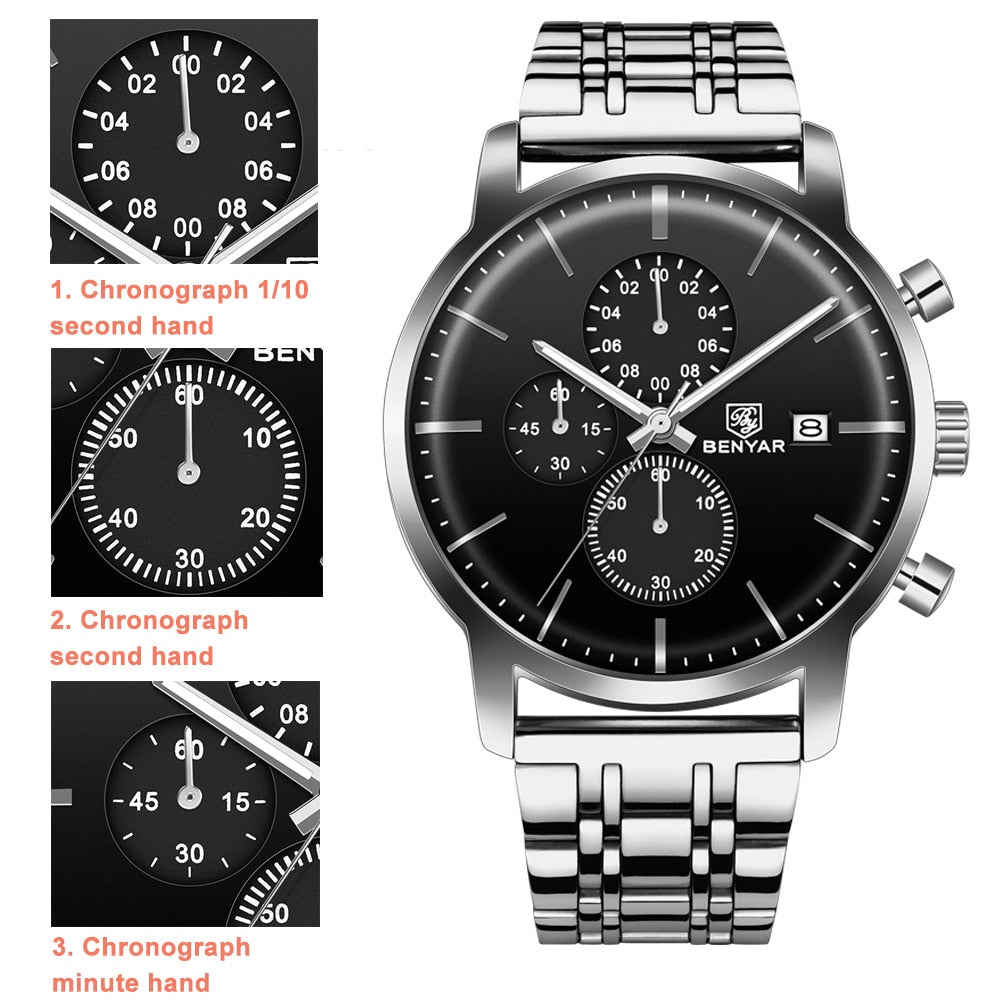 BENYAR Men Watch Stainless Steel Quartz Sport Watch Luxury Waterproof Male Chronograph Wrist Watch for Men Relogio Masculino