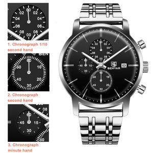 BENYAR Men Watch Stainless Steel Quartz Sport Watch Luxury Waterproof Male Chronograph Wrist Watch for Men Relogio Masculino