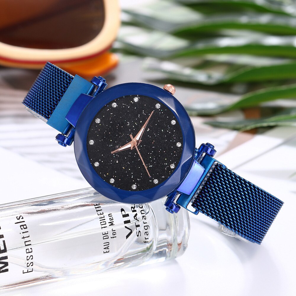 vansvar Quartz Stainless Steel Band Mesh Magnet Buckle Starry Sky Analog Wrist Watch relojes para hombre clock mechanism silent