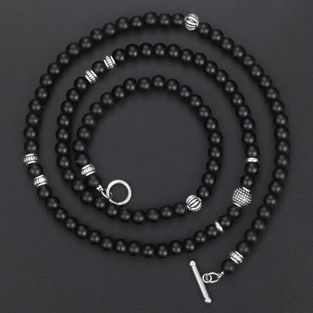Unique Men's Necklace Silver Stainless Steel Arrow Pendant Matte Black Glass Beaded Necklace Male Jewelry Dropshipping DNM07