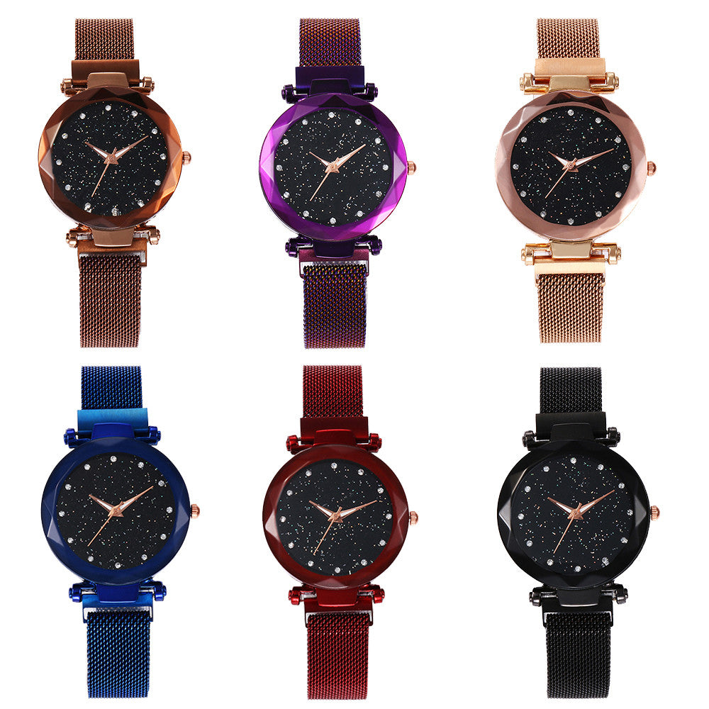 vansvar Quartz Stainless Steel Band Mesh Magnet Buckle Starry Sky Analog Wrist Watch relojes para hombre clock mechanism silent