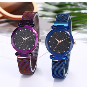 vansvar Quartz Stainless Steel Band Mesh Magnet Buckle Starry Sky Analog Wrist Watch relojes para hombre clock mechanism silent