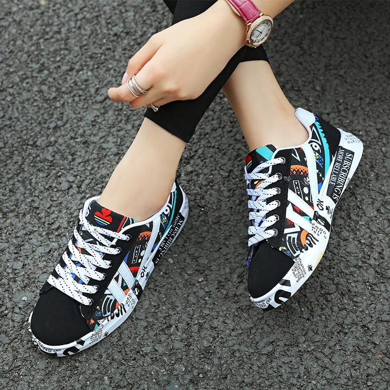 HZXINLIVE 2019 Summer Woman Sneakers White Casual Shoes Lovers Printing Fashion Flat Ladies Vulcanized Shoes zapatos de mujer