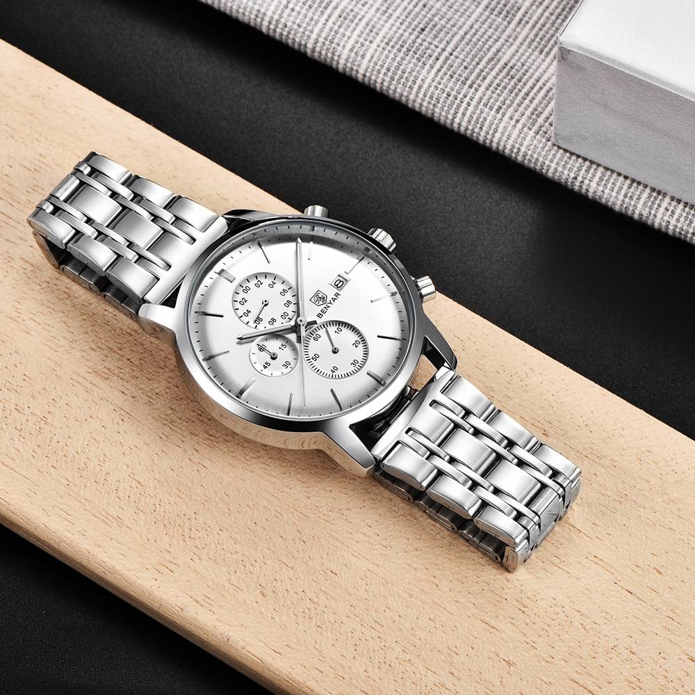 BENYAR Men Watch Stainless Steel Quartz Sport Watch Luxury Waterproof Male Chronograph Wrist Watch for Men Relogio Masculino