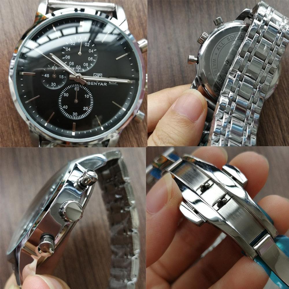 BENYAR Men Watch Stainless Steel Quartz Sport Watch Luxury Waterproof Male Chronograph Wrist Watch for Men Relogio Masculino