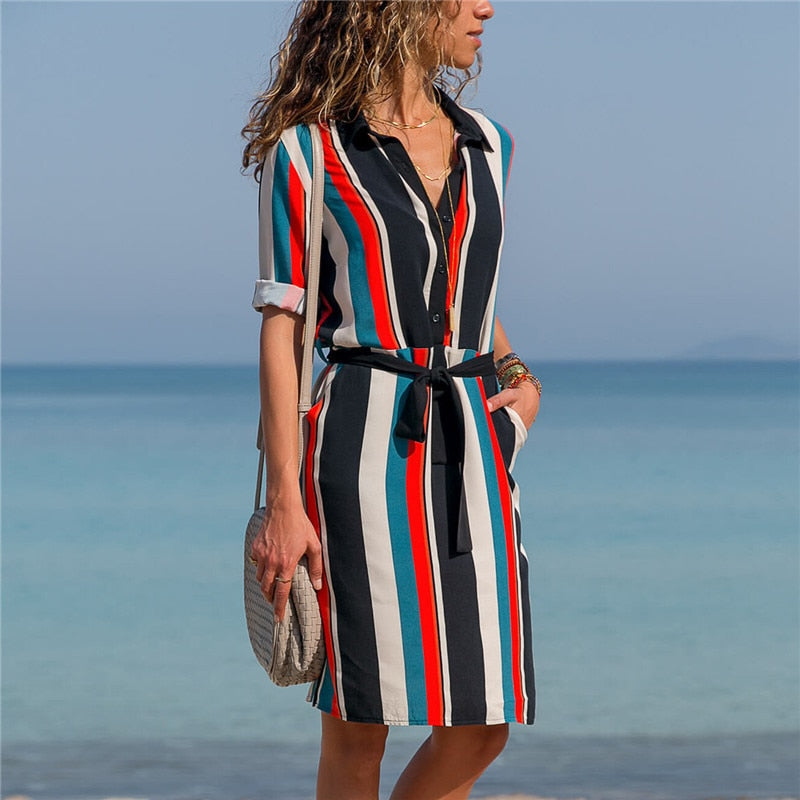 Long Sleeve Shirt Dress 2019 Summer Boho Beach Dresses Women Casual Striped Print A-line Mini Party Dress Vestidos