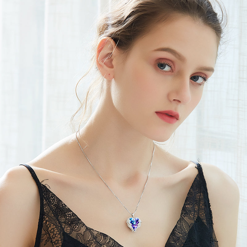 CDE Fashion Angel Wings Heart Shape Pendant Necklace with Amethyst Crystal for Women Fine Jewelry Valentine's Day Gifts