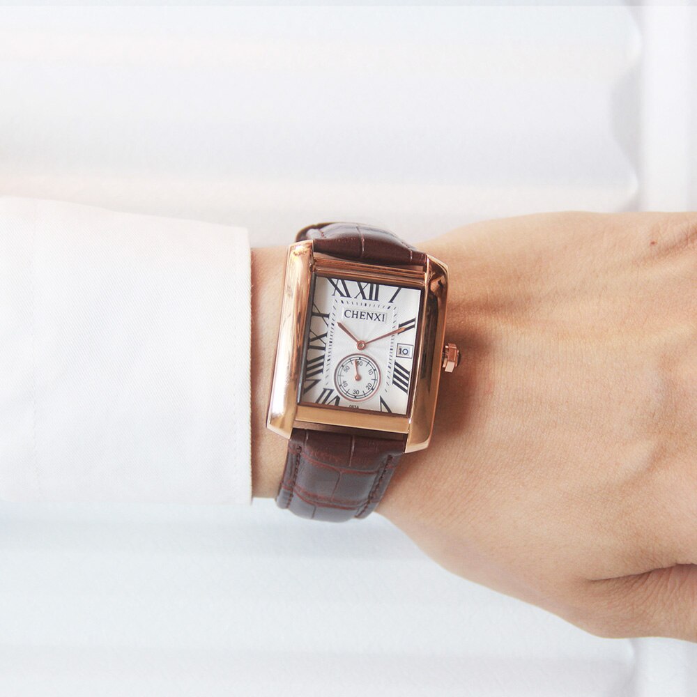 Luxury Brand CHENXI Square Men Watches Unique Design Rose Gold Calendar Stop Watch Genuine Leather Quartz Business Watch for Man