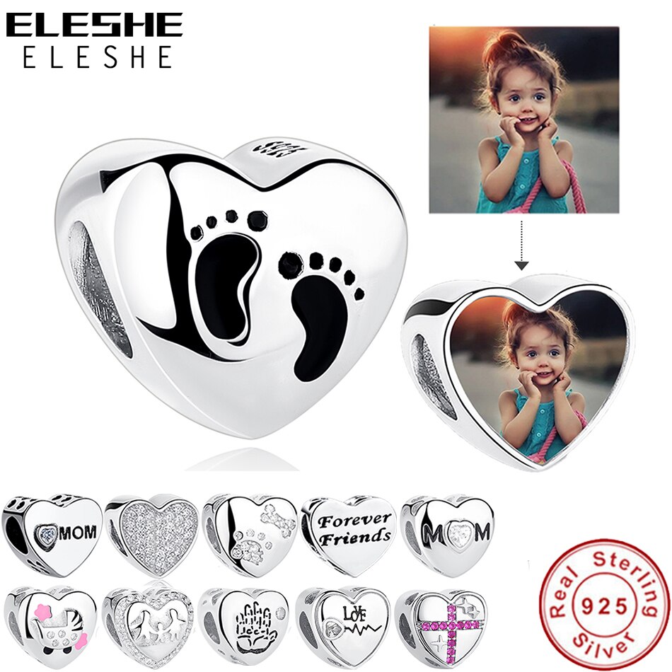 ELESHE Romantic Custom Photo Heart Charms fit Original Pandora Bracelet 925 Sterling Silver Beads DIY Original Jewelry Making