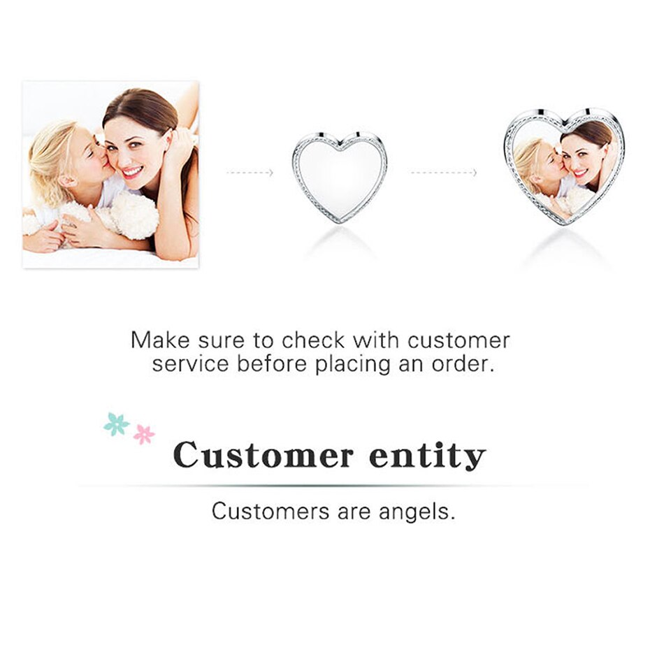 ELESHE Romantic Custom Photo Heart Charms fit Original Pandora Bracelet 925 Sterling Silver Beads DIY Original Jewelry Making