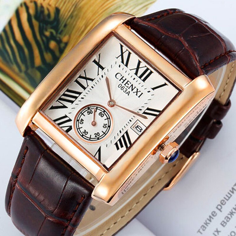 Luxury Brand CHENXI Square Men Watches Unique Design Rose Gold Calendar Stop Watch Genuine Leather Quartz Business Watch for Man