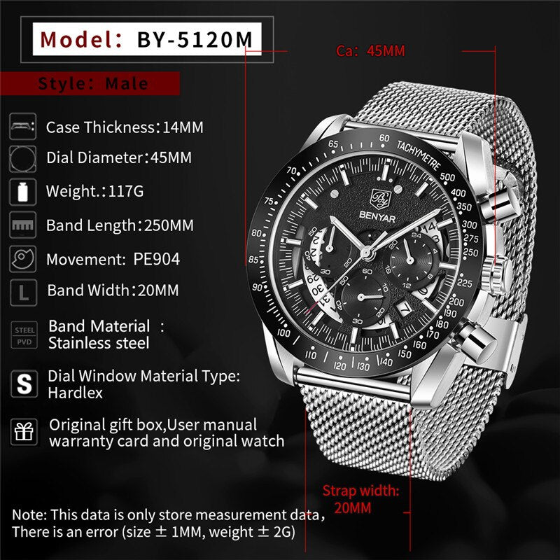 BENYAR 2019 new Quartz luxury waterproof military chronograph Sport casual fashion brand men watch stainless steel Reloj Hombre