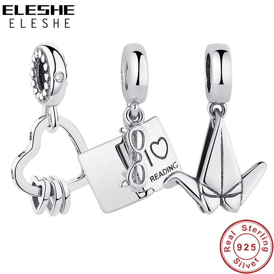 ELESHE Original 925 Sterling Silver Charms Fit Pandora Charm Bracelets Fashion Jewelry DIY I LOVE READING Book Charm Beads