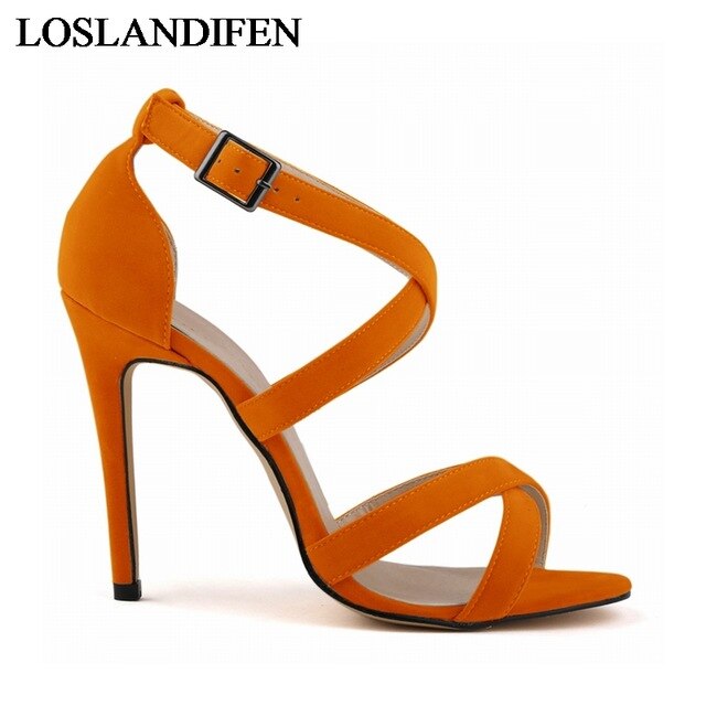 Boucle Sangle Sandale Chaussures Flock En Cuir Femmes Mince Talons Sandales Casual Gladiateur Chaussures Chaussures À Talons Hauts NLK-C0058