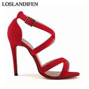 Boucle Sangle Sandale Chaussures Flock En Cuir Femmes Mince Talons Sandales Casual Gladiateur Chaussures Chaussures À Talons Hauts NLK-C0058