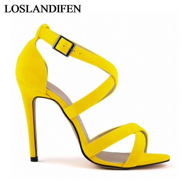 Boucle Sangle Sandale Chaussures Flock En Cuir Femmes Mince Talons Sandales Casual Gladiateur Chaussures Chaussures À Talons Hauts NLK-C0058