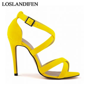 Boucle Sangle Sandale Chaussures Flock En Cuir Femmes Mince Talons Sandales Casual Gladiateur Chaussures Chaussures À Talons Hauts NLK-C0058