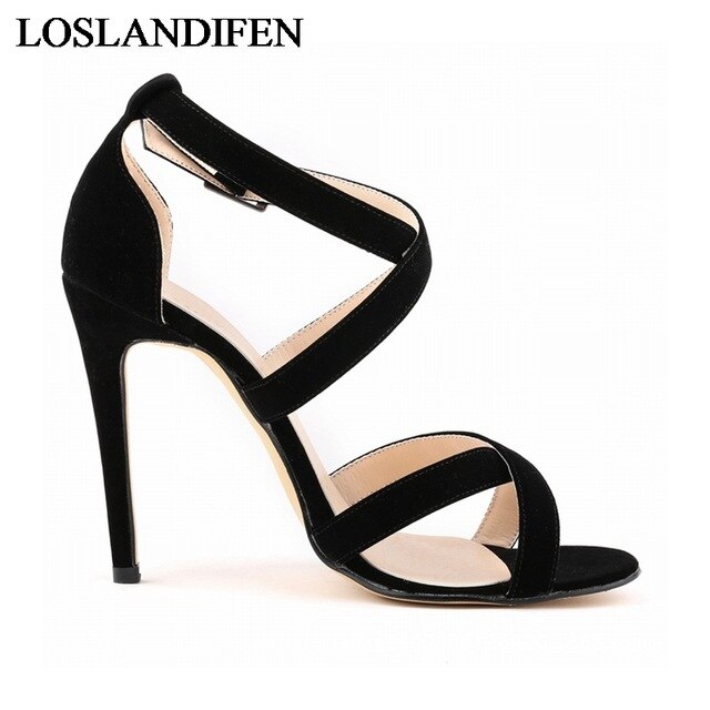 Boucle Sangle Sandale Chaussures Flock En Cuir Femmes Mince Talons Sandales Casual Gladiateur Chaussures Chaussures À Talons Hauts NLK-C0058