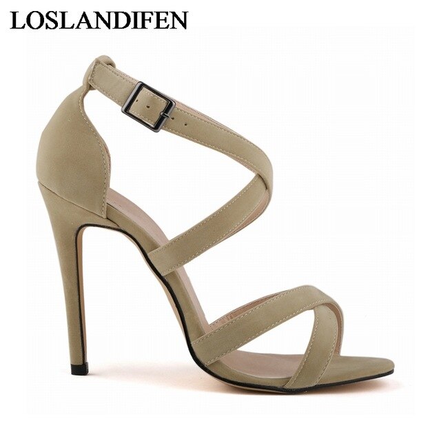 Boucle Sangle Sandale Chaussures Flock En Cuir Femmes Mince Talons Sandales Casual Gladiateur Chaussures Chaussures À Talons Hauts NLK-C0058