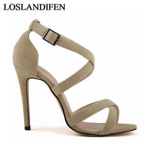 Boucle Sangle Sandale Chaussures Flock En Cuir Femmes Mince Talons Sandales Casual Gladiateur Chaussures Chaussures À Talons Hauts NLK-C0058