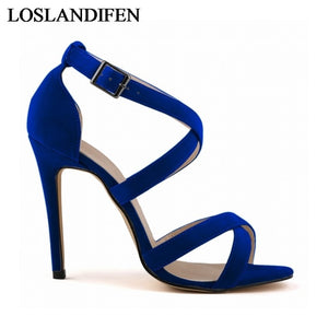 Boucle Sangle Sandale Chaussures Flock En Cuir Femmes Mince Talons Sandales Casual Gladiateur Chaussures Chaussures À Talons Hauts NLK-C0058