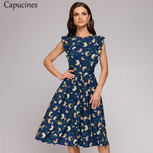 Capucines 2019 Summer Boho Floral Print Ruffle Trim A-Line Dress Women Cap Sleeve O-Neck Casual Dress Ladies Office Work Wear