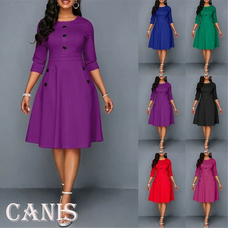 Plus Size Womens Vintage Long Prom Evening Party Swing Dress Ball Gown Tunic Long Sleeve Solid Print Sundress Rockabilly Style