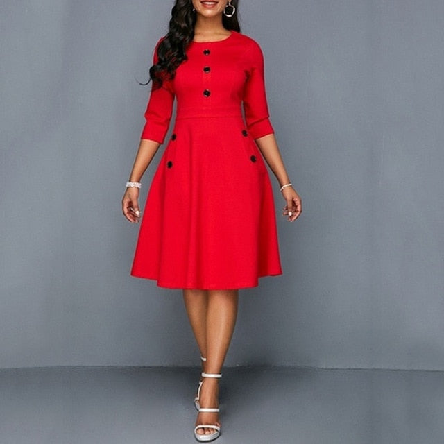 Plus Size Womens Vintage Long Prom Evening Party Swing Dress Ball Gown Tunic Long Sleeve Solid Print Sundress Rockabilly Style