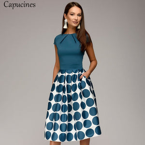 Hot Sale Vintage Dot Printing Patchwork A-line Dresses Women Summer Short Sleeves Round Neck Casual Dress Female Vestidos