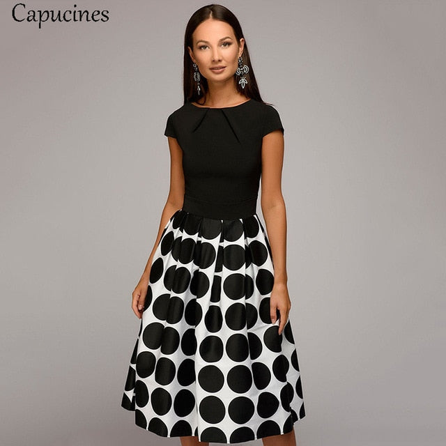 Hot Sale Vintage Dot Printing Patchwork A-line Dresses Women Summer Short Sleeves Round Neck Casual Dress Female Vestidos