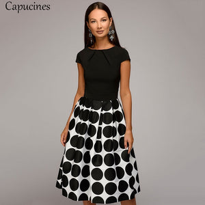 Hot Sale Vintage Dot Printing Patchwork A-line Dresses Women Summer Short Sleeves Round Neck Casual Dress Female Vestidos