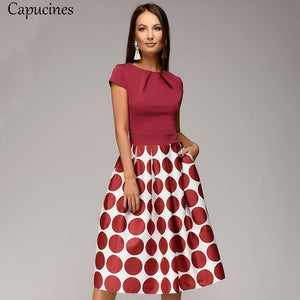 Hot Sale Vintage Dot Printing Patchwork A-line Dresses Women Summer Short Sleeves Round Neck Casual Dress Female Vestidos