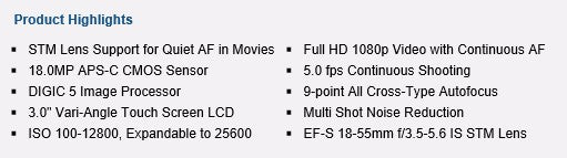Canon 700D / Rebel T5i DSLR Digital Camera with 18-55mm Lens -18 MP  -Full HD 1080p Video -Vari-Angle Touchscreen (New)