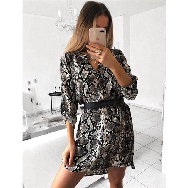 Fashion Women Leopard T shirt Dress Elegant long sleeve Party Club Dress V neck OL Clothing Dames robe femme vestidos Streetwear
