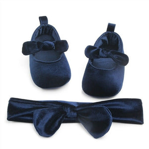 Newborn Baby Girl Soft Gold Velvet Cute Princess Soft Sole Shoes With Hairband Infant Bowknot First Walking Anti-slip 0-18M