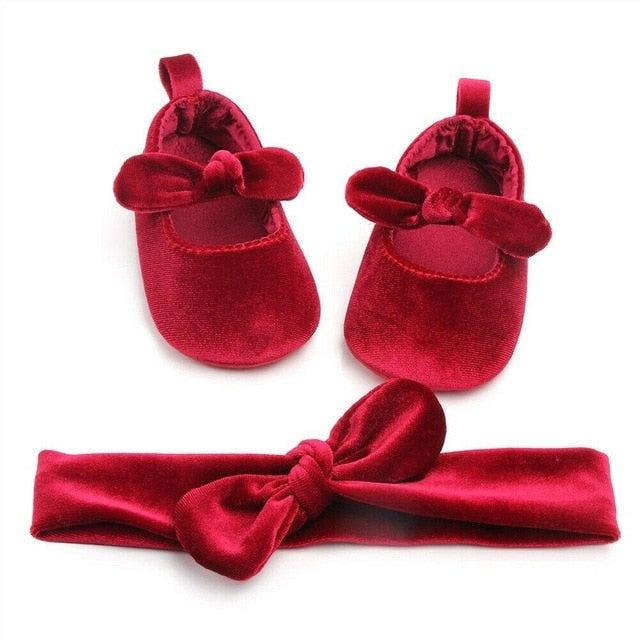 Newborn Baby Girl Soft Gold Velvet Cute Princess Soft Sole Shoes With Hairband Infant Bowknot First Walking Anti-slip 0-18M