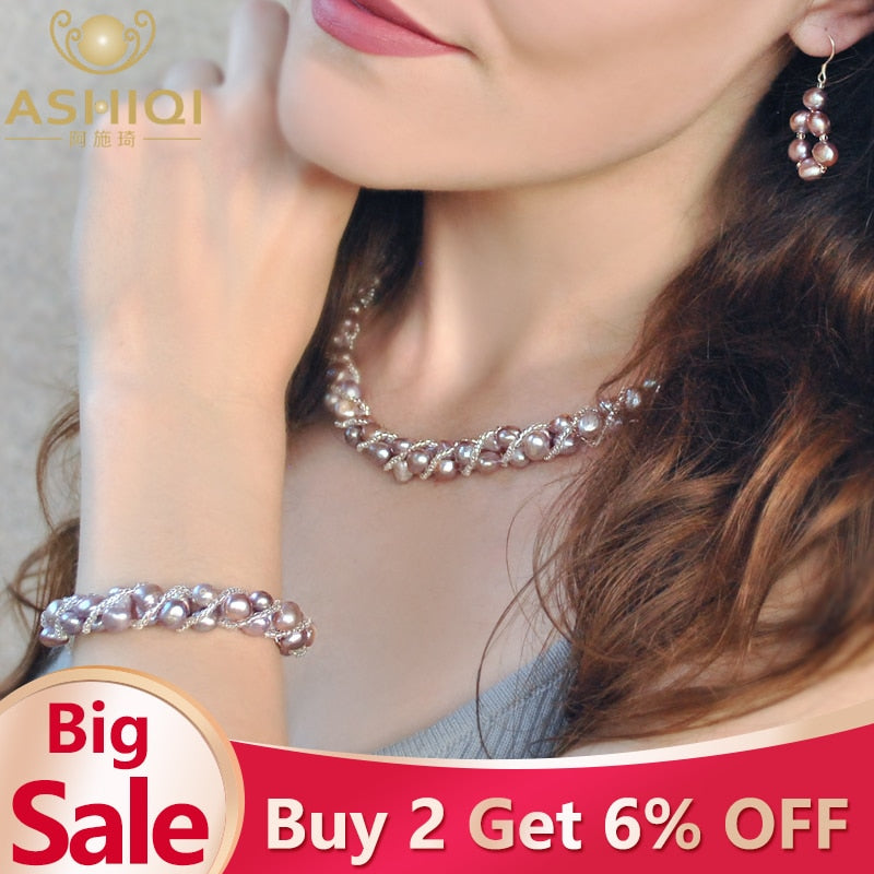 ASHIQI Natural Freshwater Pearl Jewelry Sets & More Hand-knitted Necklace Bracelet Earrings for Women NE+BR+EA