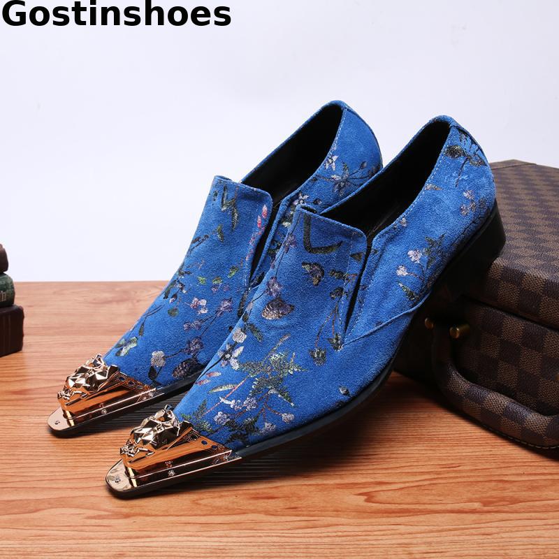 Fashion Blue Men Oxford Shoes Genuine Leather Printed Iron Toe Head Leisure Business Shoes For Wedding Party Daily Wear