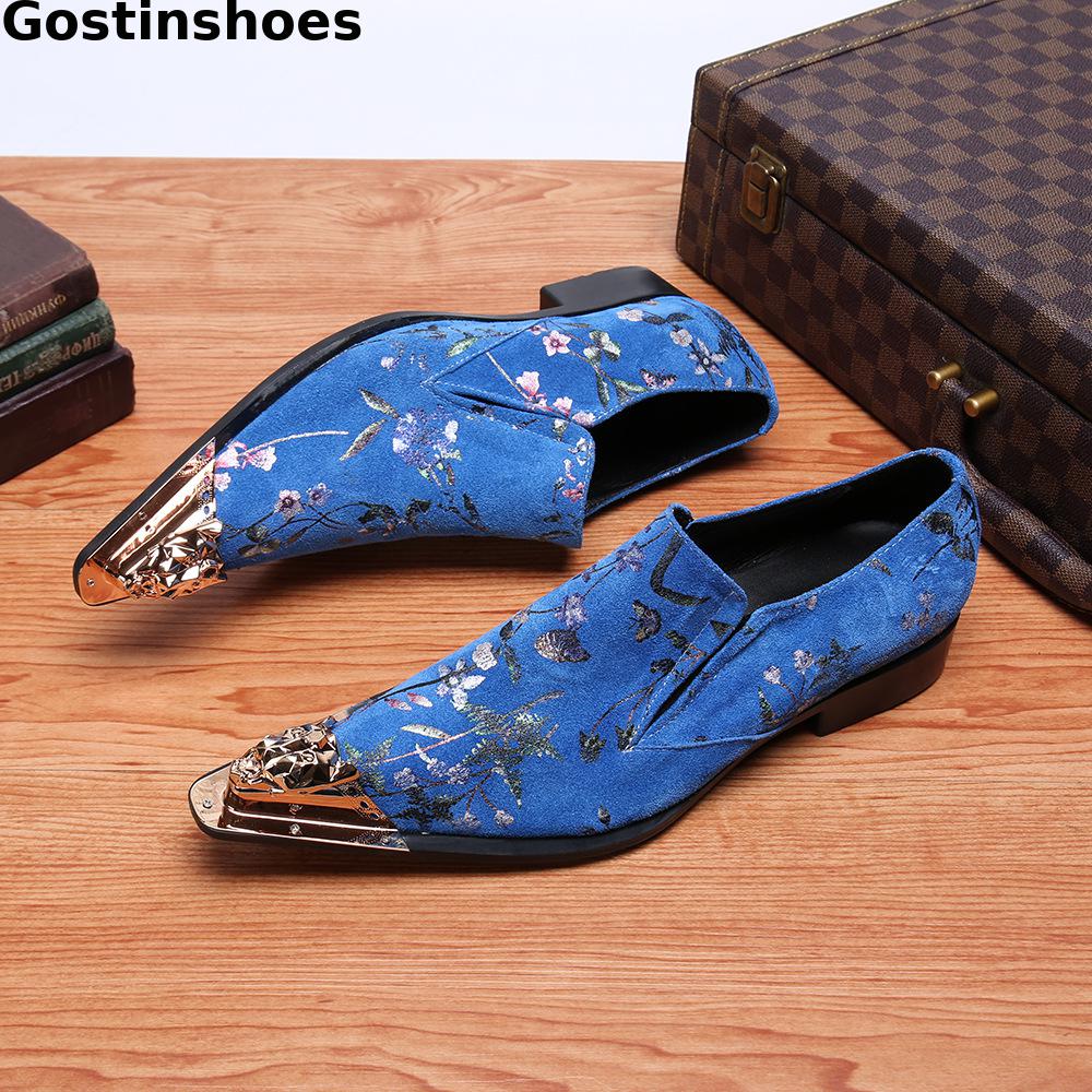 Fashion Blue Men Oxford Shoes Genuine Leather Printed Iron Toe Head Leisure Business Shoes For Wedding Party Daily Wear