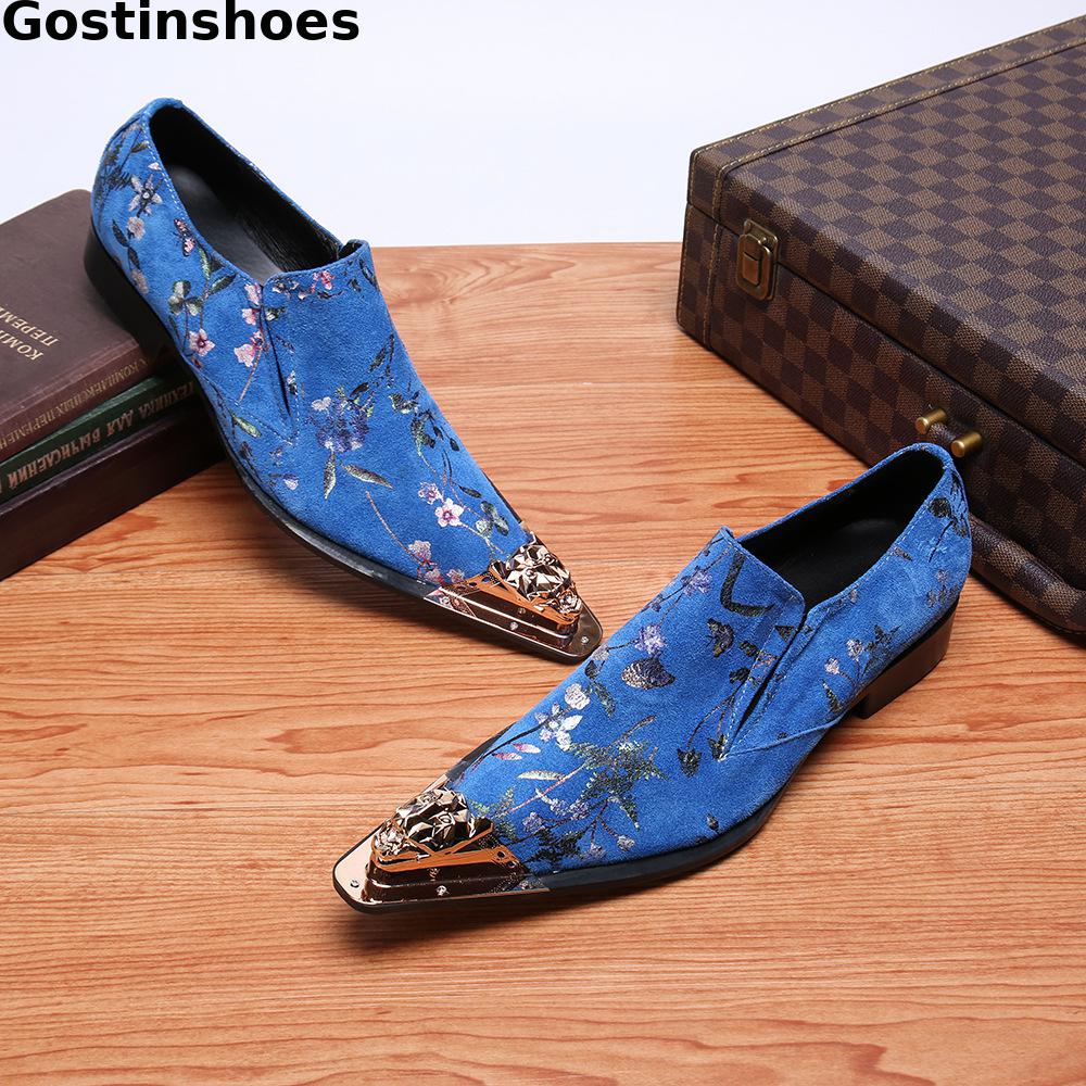 Fashion Blue Men Oxford Shoes Genuine Leather Printed Iron Toe Head Leisure Business Shoes For Wedding Party Daily Wear