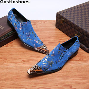 Fashion Blue Men Oxford Shoes Genuine Leather Printed Iron Toe Head Leisure Business Shoes For Wedding Party Daily Wear