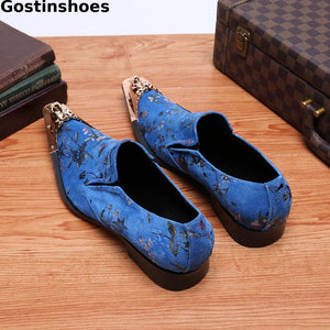 Fashion Blue Men Oxford Shoes Genuine Leather Printed Iron Toe Head Leisure Business Shoes For Wedding Party Daily Wear